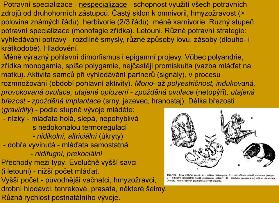 Různé potravní strategie: vyhledávání potravy - rozdílné smysly, různé způsoby lovu, zásoby (dlouho- i krátkodobé). Hladovění. Méně výrazný pohlavní dimorfismus i epigamní projevy.