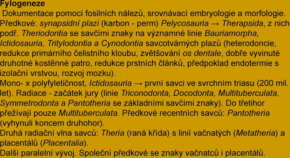 dobře vyvinuté druhotné kostěnné patro, redukce prstních článků, předpoklad endotermie s izolační vrstvou, rozvoj mozku). Mono- x polyfyletičnost, Ictidosauria první savci ve svrchním triasu (200 mil.