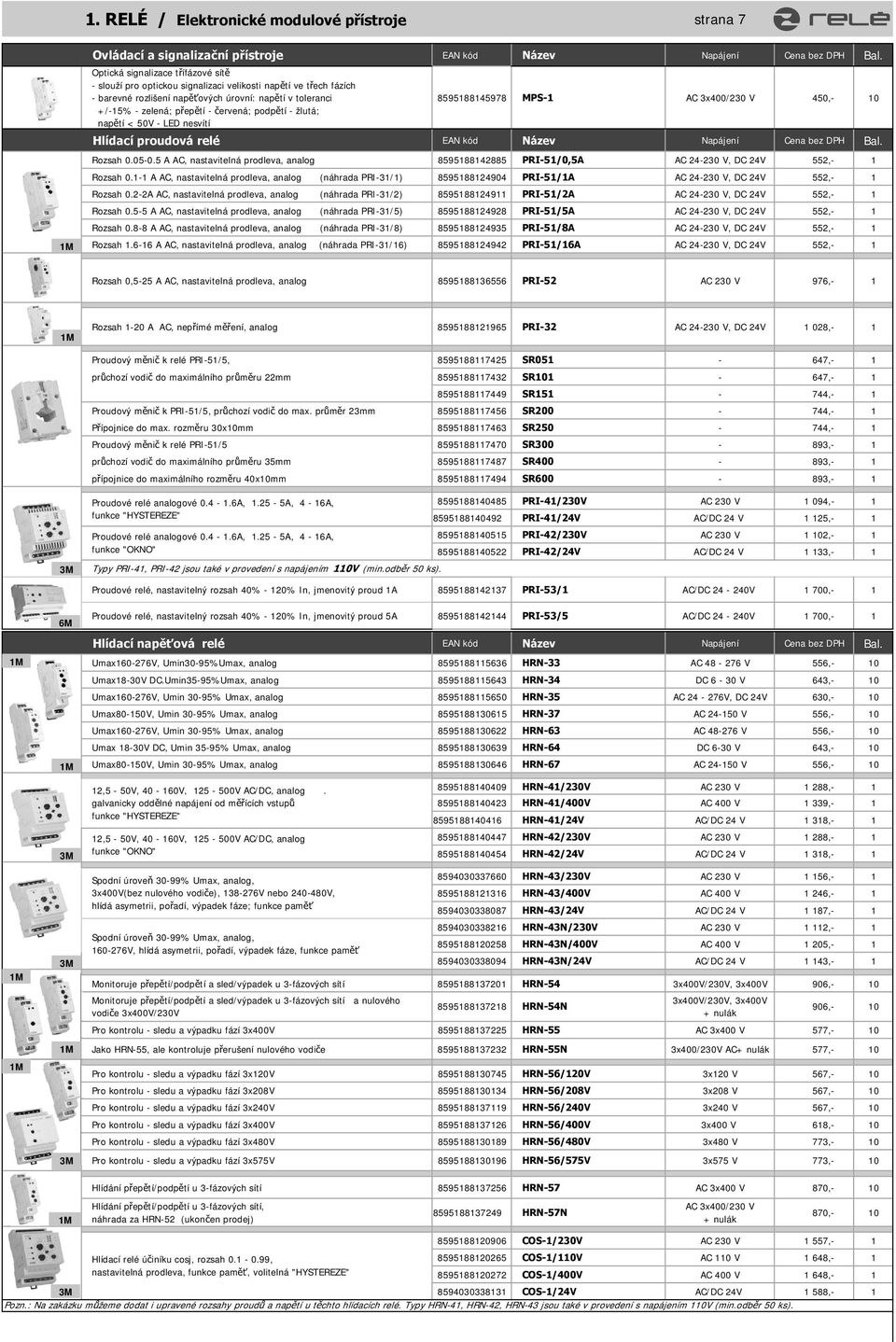 tí - žlutá; nap tí < 50V - LED nesvítí 8595188145978 MPS-1 AC 3x400/230 V 450,- 10 Hlídací proudová relé EAN kód Název Napájení Cena bez DPH Bal. Rozsah 0.05-0.