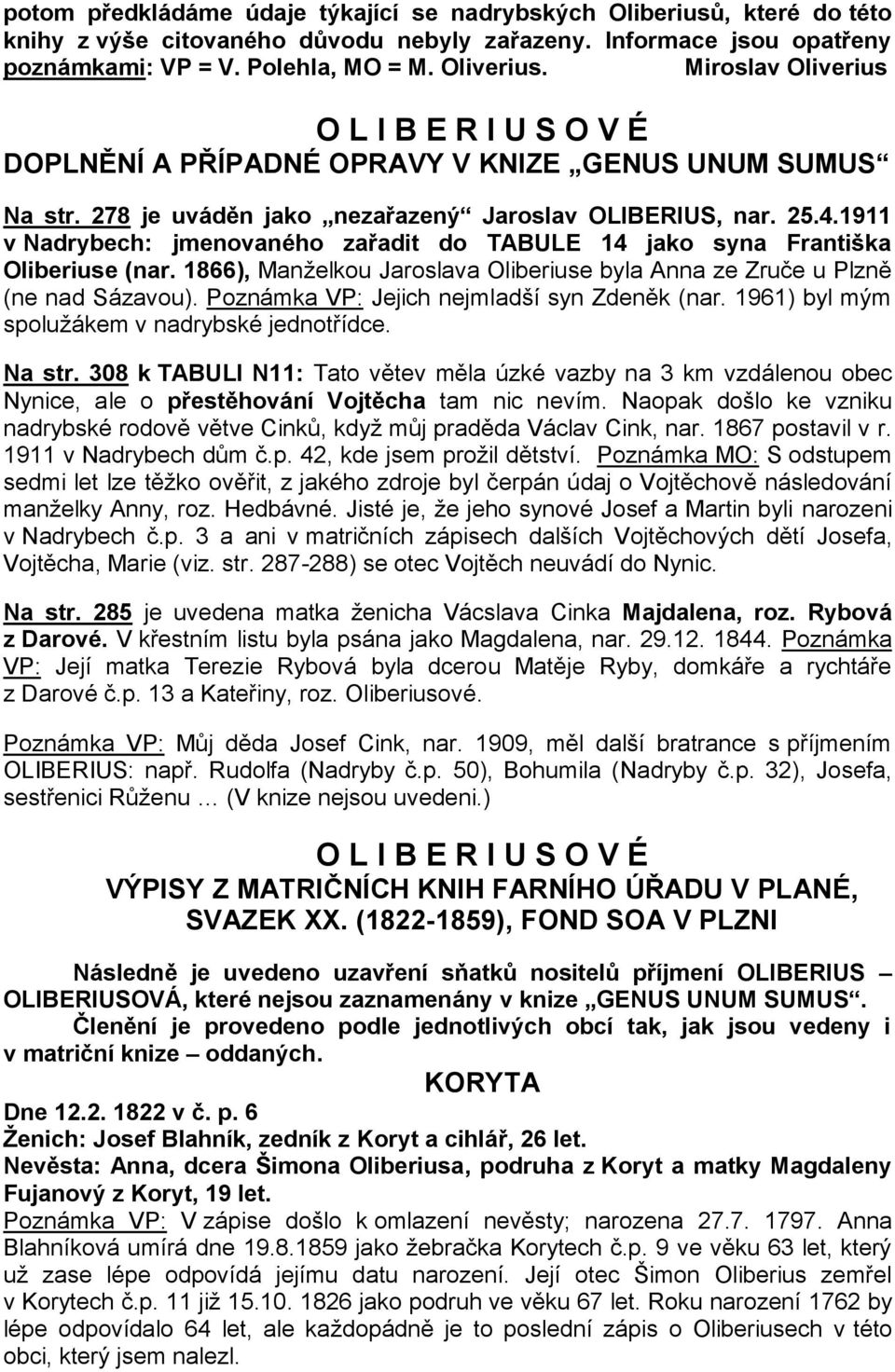 1911 v Nadrybech: jmenovaného zařadit do TABULE 14 jako syna Františka Oliberiuse (nar. 1866), Manželkou Jaroslava Oliberiuse byla Anna ze Zruče u Plzně (ne nad Sázavou).