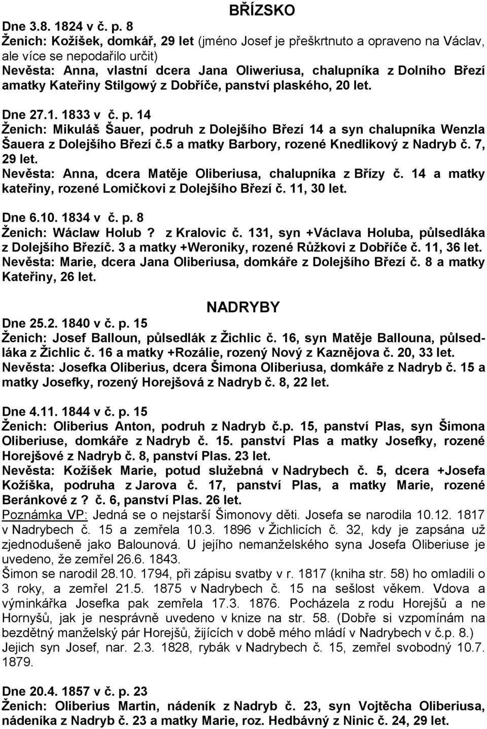 Kateřiny Stilgowý z Dobříče, panství plaského, 20 let. Dne 27.1. 1833 v č. p. 14 Ženich: Mikuláš Šauer, podruh z Dolejšího Březí 14 a syn chalupníka Wenzla Šauera z Dolejšího Březí č.