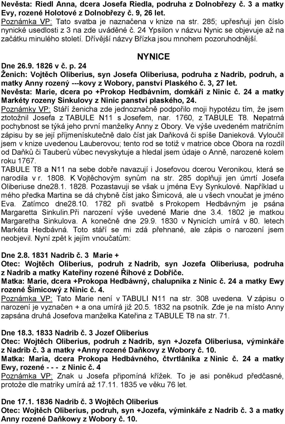 1826 v č. p. 24 Ženich: Vojtěch Oliberius, syn Josefa Oliberiusa, podruha z Nadrib, podruh, a matky Anny rozený ---kovy z Wobory, panství Plaského č. 3, 27 let.