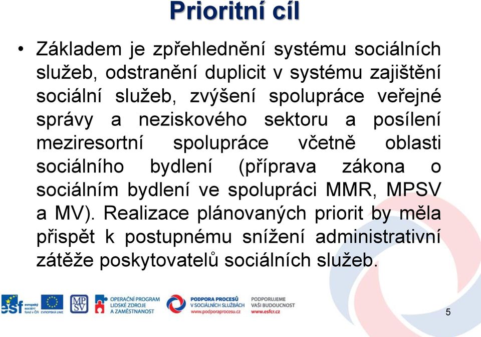 včetně oblasti sociálního bydlení (příprava zákona o sociálním bydlení ve spolupráci MMR, MPSV a MV).