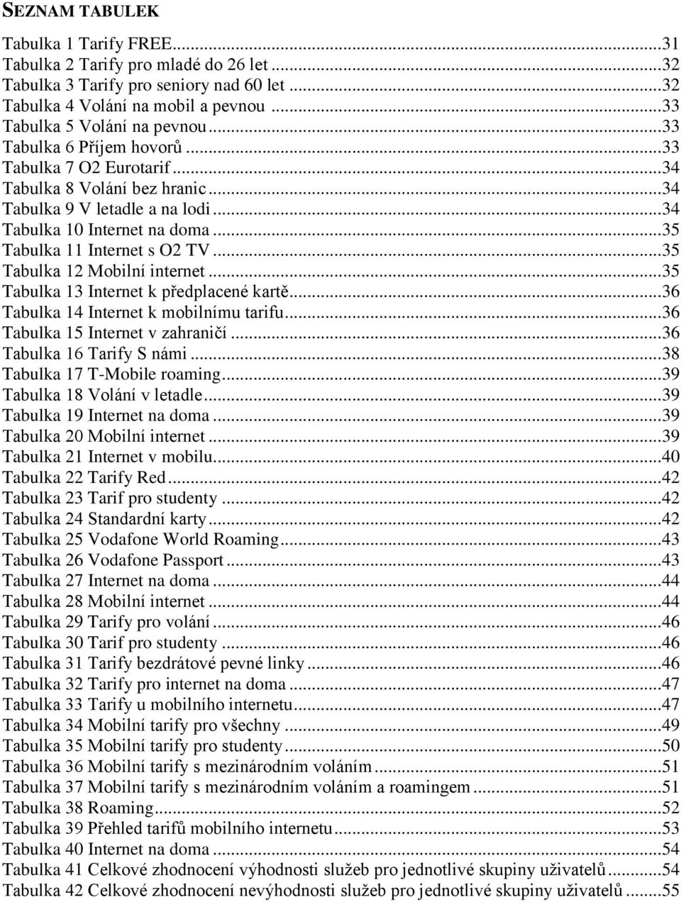 .. 35 Tabulka 12 Mobilní internet... 35 Tabulka 13 Internet k předplacené kartě... 36 Tabulka 14 Internet k mobilnímu tarifu... 36 Tabulka 15 Internet v zahraničí... 36 Tabulka 16 Tarify S námi.