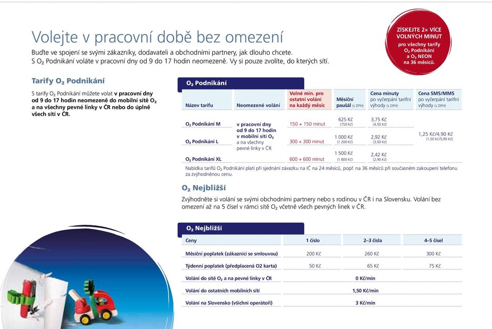 Tarify O 2 Podnikání S tarify O 2 Podnikání můžete volat v pracovní dny od 9 do 17 hodin neomezeně do mobilní sítě O 2 a na všechny pevné linky v ČR nebo do úplně všech sítí v ČR.