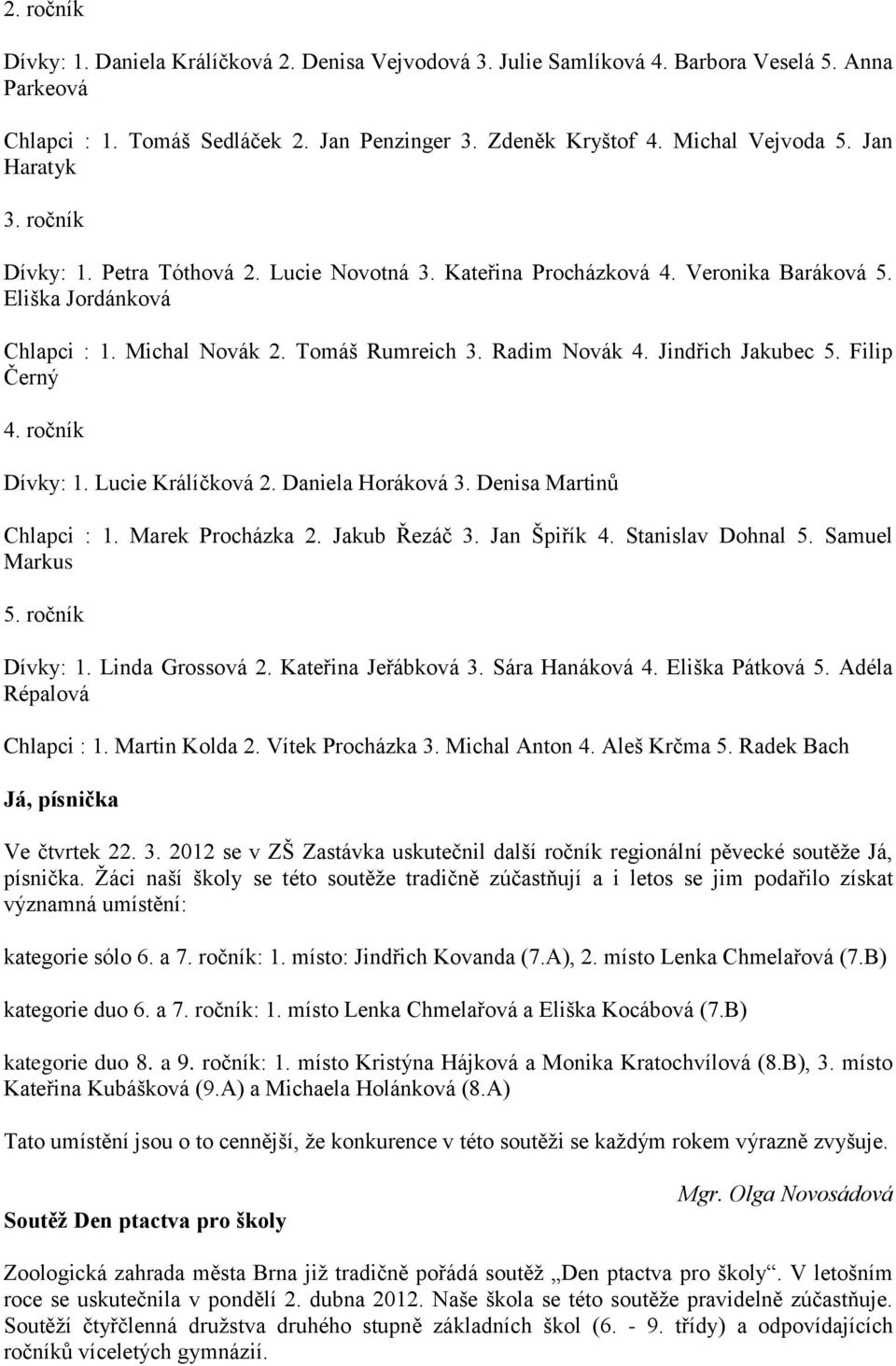 Jindřich Jakubec 5. Filip Černý 4. ročník Dívky: 1. Lucie Králíčková 2. Daniela Horáková 3. Denisa Martinů Chlapci : 1. Marek Procházka 2. Jakub Řezáč 3. Jan Špiřík 4. Stanislav Dohnal 5.