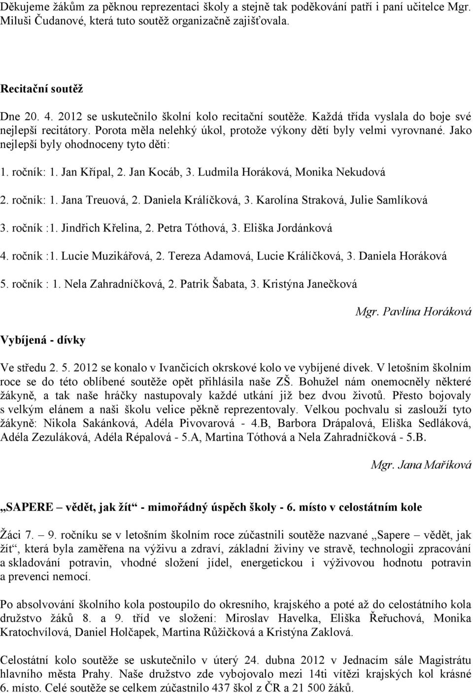 Jako nejlepší byly ohodnoceny tyto děti: 1. ročník: 1. Jan Křípal, 2. Jan Kocáb, 3. Ludmila Horáková, Monika Nekudová 2. ročník: 1. Jana Treuová, 2. Daniela Králíčková, 3.