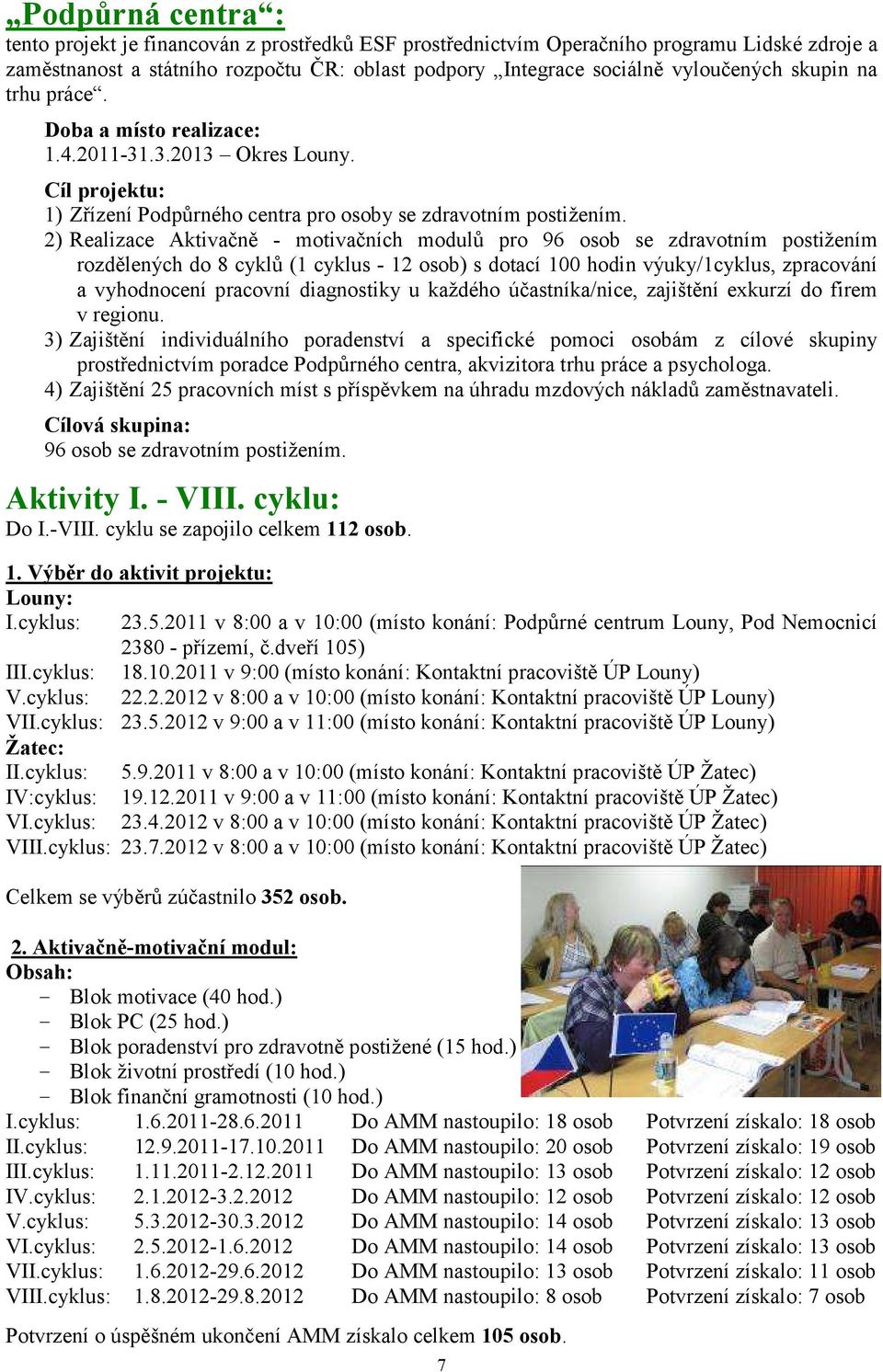 2) Realizace Aktivačně - motivačních modulů pro 96 osob se zdravotním postižením rozdělených do 8 cyklů (1 cyklus - 12 osob) s dotací 100 hodin výuky/1cyklus, zpracování a vyhodnocení pracovní