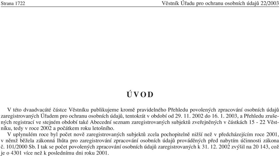 . 2002 do 16. 1. 2003, a P ehledu zruöen ch registracì ve stejnèm obdobì takè AbecednÌ seznam zaregistrovan ch subjekt zve ejnïn ch v Ë stk ch 15-22 VÏstnÌku, tedy v roce 2002 a poë tkem roku letoönìho.