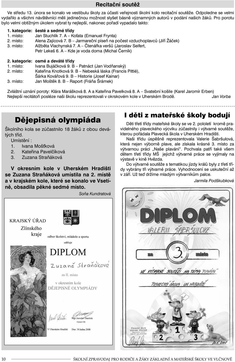 Pro porotu bylo velmi obtížným úkolem vybrat ty nejlepší, nakonec pořadí vypadalo takto: 1. kategorie: šesté a sedmé třídy 1. místo: Jan Stuchlík 7. A Koťata (Emanuel Frynta) 2.