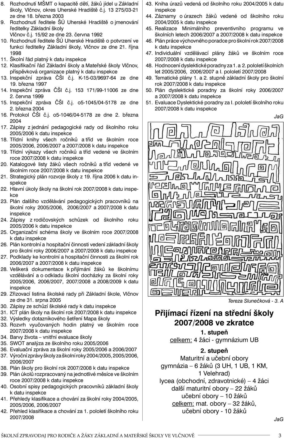 Rozhodnutí ředitele ŠÚ Uherské Hradiště o potvrzení ve funkci ředitelky Základní školy, Vlčnov ze dne 21. října 1998 11. Školní řád platný k datu inspekce 12.