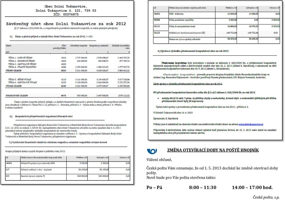 2013 dochází ke změně otevírací doby pošty.