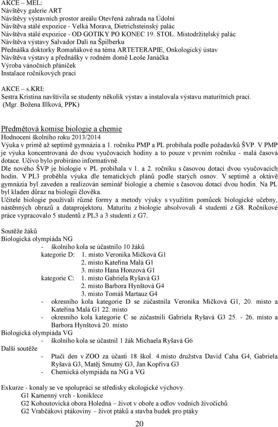 Místodržitelský palác Návštěva výstavy Salvador Dalí na Špilberku Přednáška doktorky Romaňákové na téma ARTETERAPIE, Onkologický ústav Návštěva výstavy a přednášky v rodném domě Leoše Janáčka Výroba