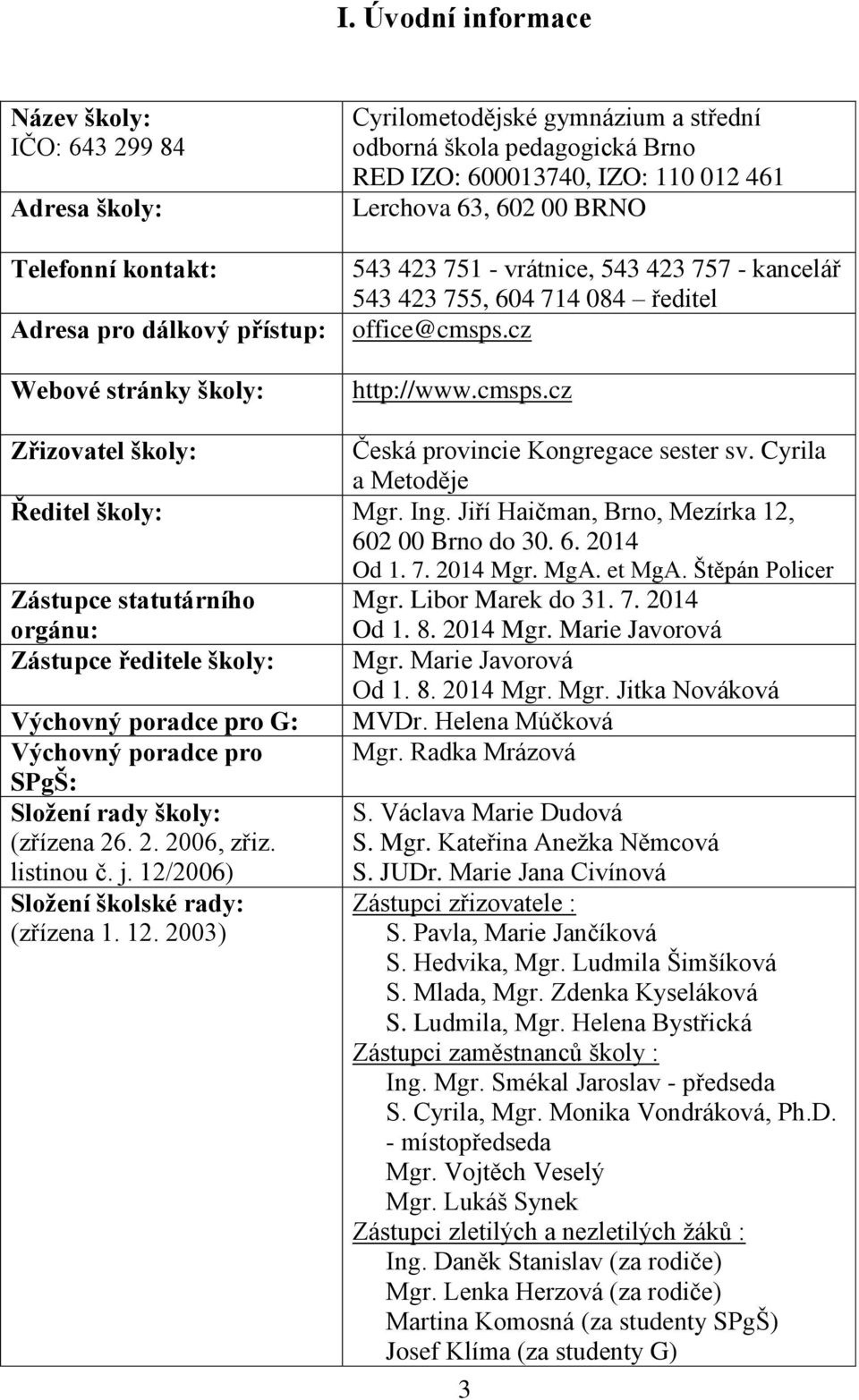 cz http://www.cmsps.cz Zřizovatel školy: Česká provincie Kongregace sester sv. Cyrila a Metoděje Ředitel školy: Mgr. Ing. Jiří Haičman, Brno, Mezírka 12, 602 00 Brno do 30. 6. 2014 Od 1. 7. 2014 Mgr.