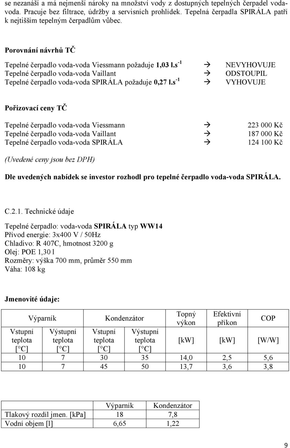 s -1 NEVYHOVUJE Tepelné čerpadlo voda-voda Vaillant ODSTOUPIL Tepelné čerpadlo voda-voda SPIRÁLA požaduje 0,27 l.