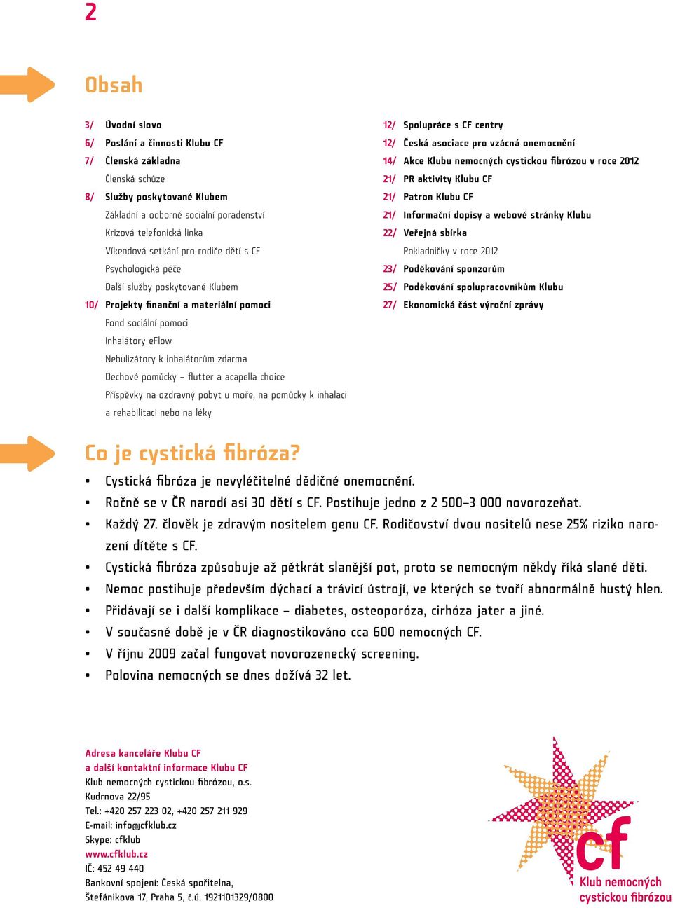 Klubu nemocných cystickou fibrózou v roce 2012 21/ PR aktivity Klubu CF 21/ Patron Klubu CF 21/ Informační dopisy a webové stránky Klubu 22/ Veřejná sbírka Pokladničky v roce 2012 23/ Poděkování