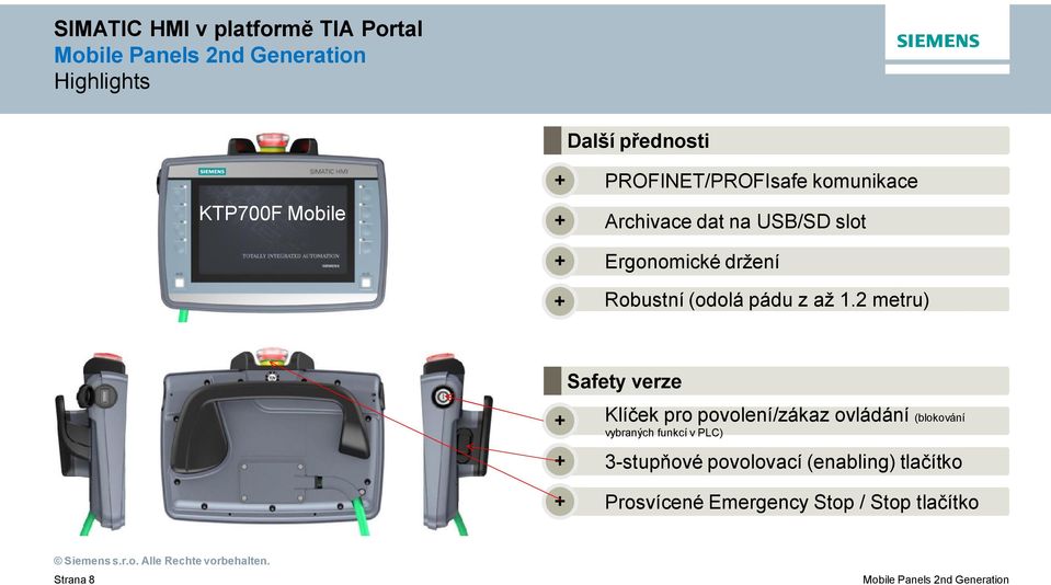 2 metru) Safety verze Klíček pro povolení/zákaz ovládání (blokování vybraných