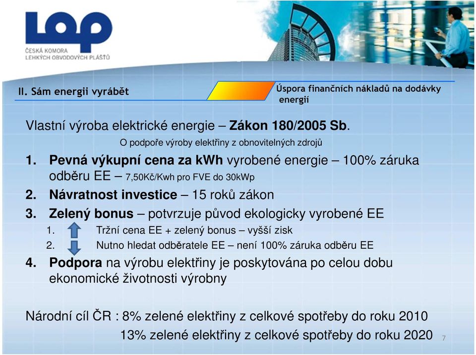 Návratnost investice 15 roků zákon 3. Zelený bonus potvrzuje původ ekologicky vyrobené EE 1. Tržní cena EE + zelený bonus vyšší zisk 2.