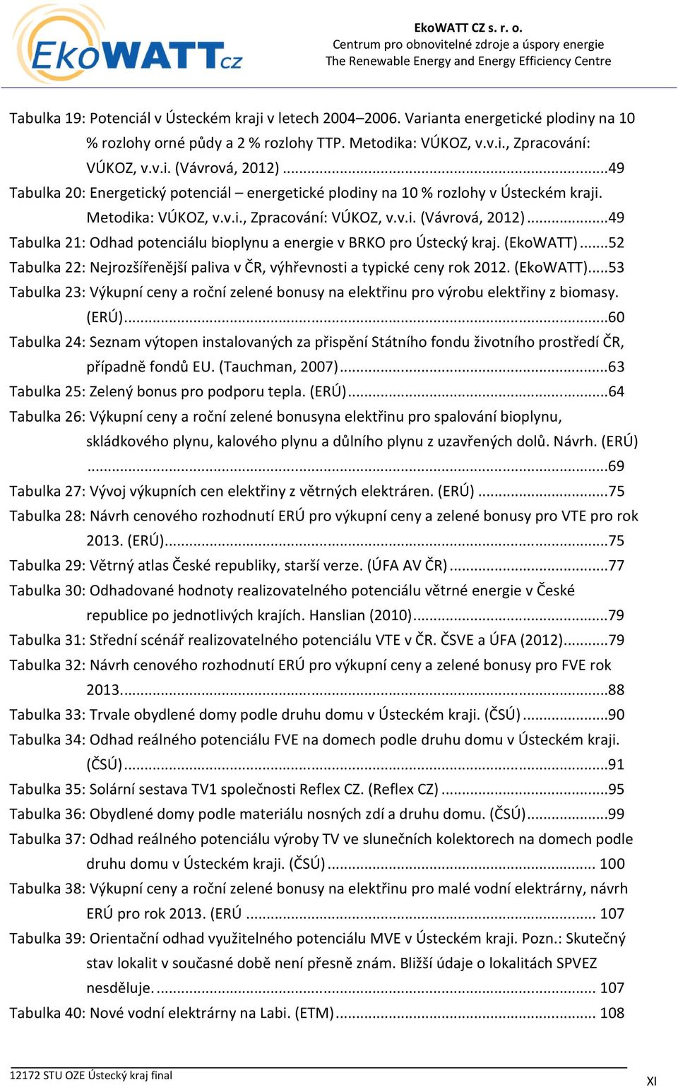 ..49 Tabulka 21: Odhad potenciálu bioplynu a energie v BRKO pro Ústecký kraj. (EkoWATT)...52 Tabulka 22: Nejrozšířenější paliva v ČR, výhřevnosti a typické ceny rok 2012. (EkoWATT)...53 Tabulka 23: Výkupní ceny a roční zelené bonusy na elektřinu pro výrobu elektřiny z biomasy.