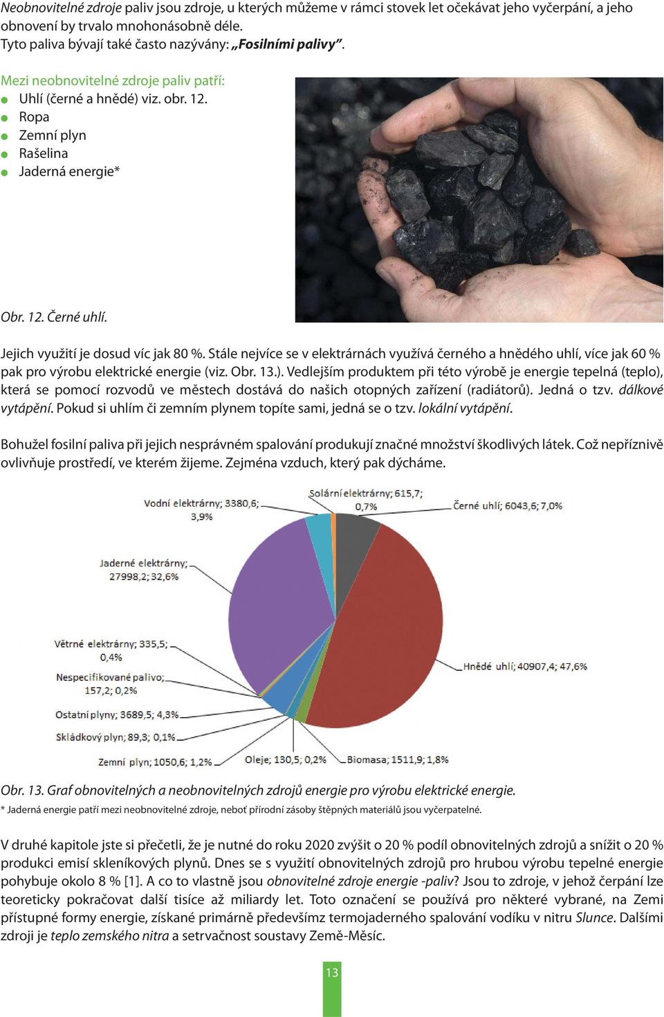 Jejich využití je dosud víc jak 80 %. Stále nejvíce se v elektrárnách využívá černého a hnědého uhlí, více jak 60 % pak pro výrobu elektrické energie (viz. Obr. 13.).