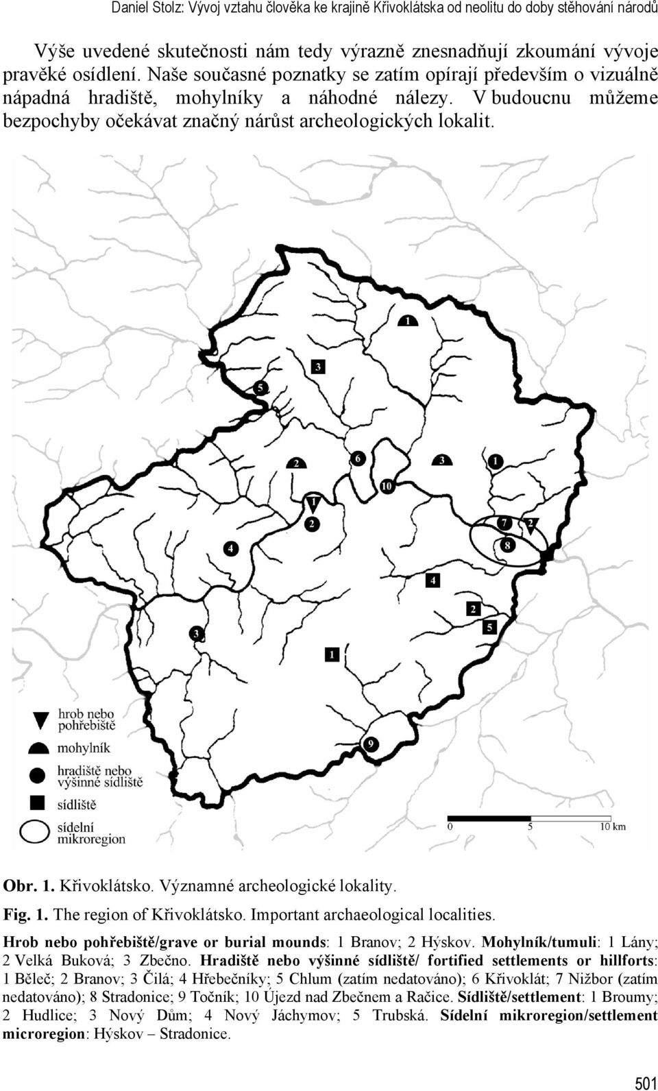 Křivoklátsko. Významné archeologické lokality. Fig. 1. The region of Křivoklátsko. Important archaeological localities. Hrob nebo pohřebiště/grave or burial mounds: 1 Branov; 2 Hýskov.