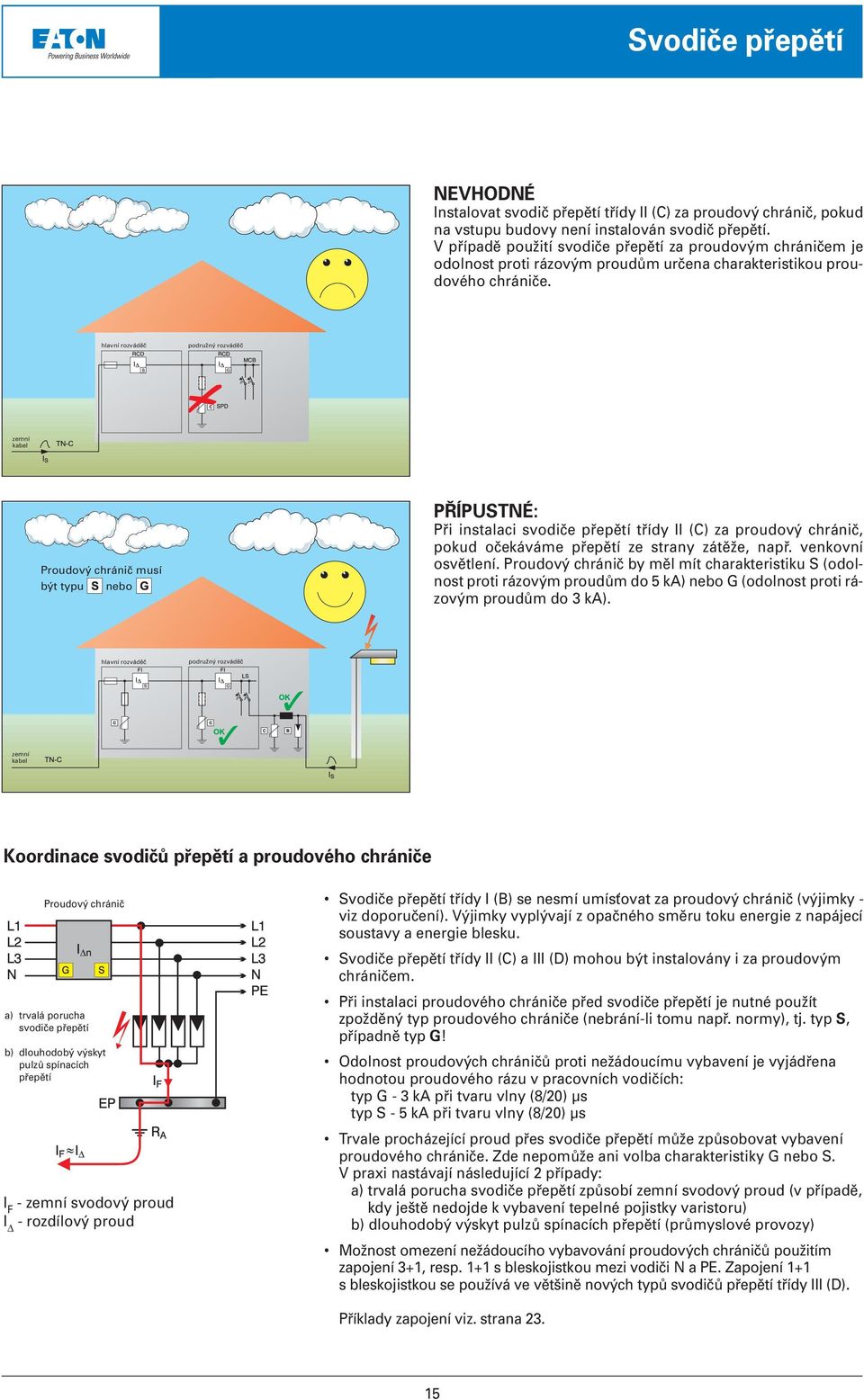 hlavní rozváděč podružný rozváděč zemní kabel Proudový chránič musí být typu nebo PŘÍPUSTNÉ: Při instalaci svodiče přepětí třídy II (C) za proudový chránič, pokud očekáváme přepětí ze strany zátěže,