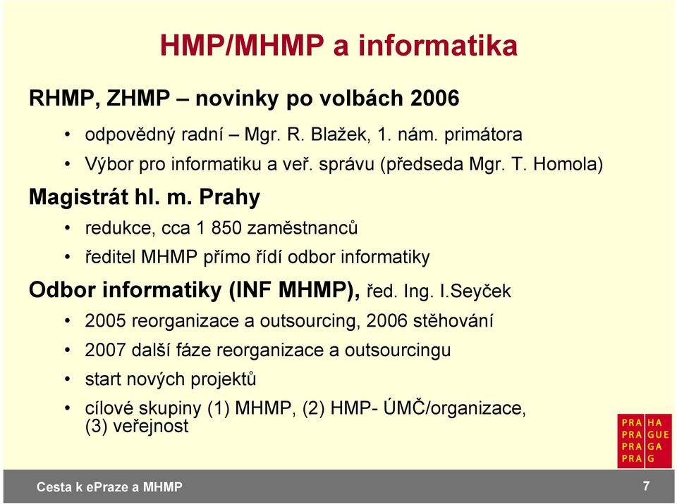 Prahy redukce, cca 1 850 zaměstnanců ředitel MHMP přímo řídí odbor informatiky Odbor informatiky (INF MHMP), řed. In