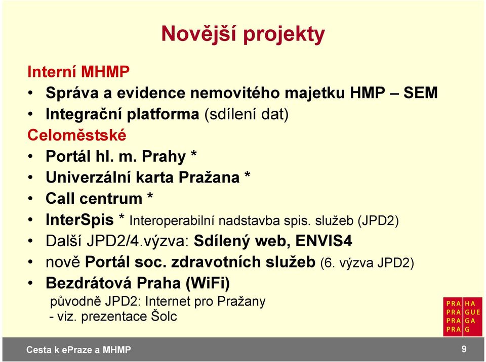 Prahy * Univerzální karta Pražana * Call centrum * InterSpis * Interoperabilní nadstavba spis.