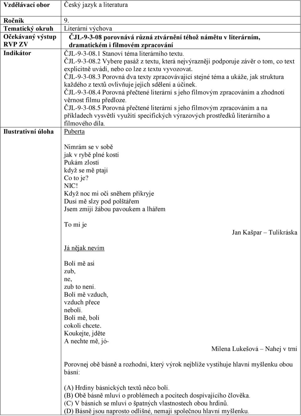 1 Stanoví téma literárního textu. ČJL-9-3-08.2 Vybere pasáž z textu, která nejvýrazněji podporuje závěr o tom, co text explicitně uvádí, nebo co lze z textu vyvozovat. ČJL-9-3-08.3 Porovná dva texty zpracovávající stejné téma a ukáže, jak struktura každého z textů ovlivňuje jejich sdělení a účinek.