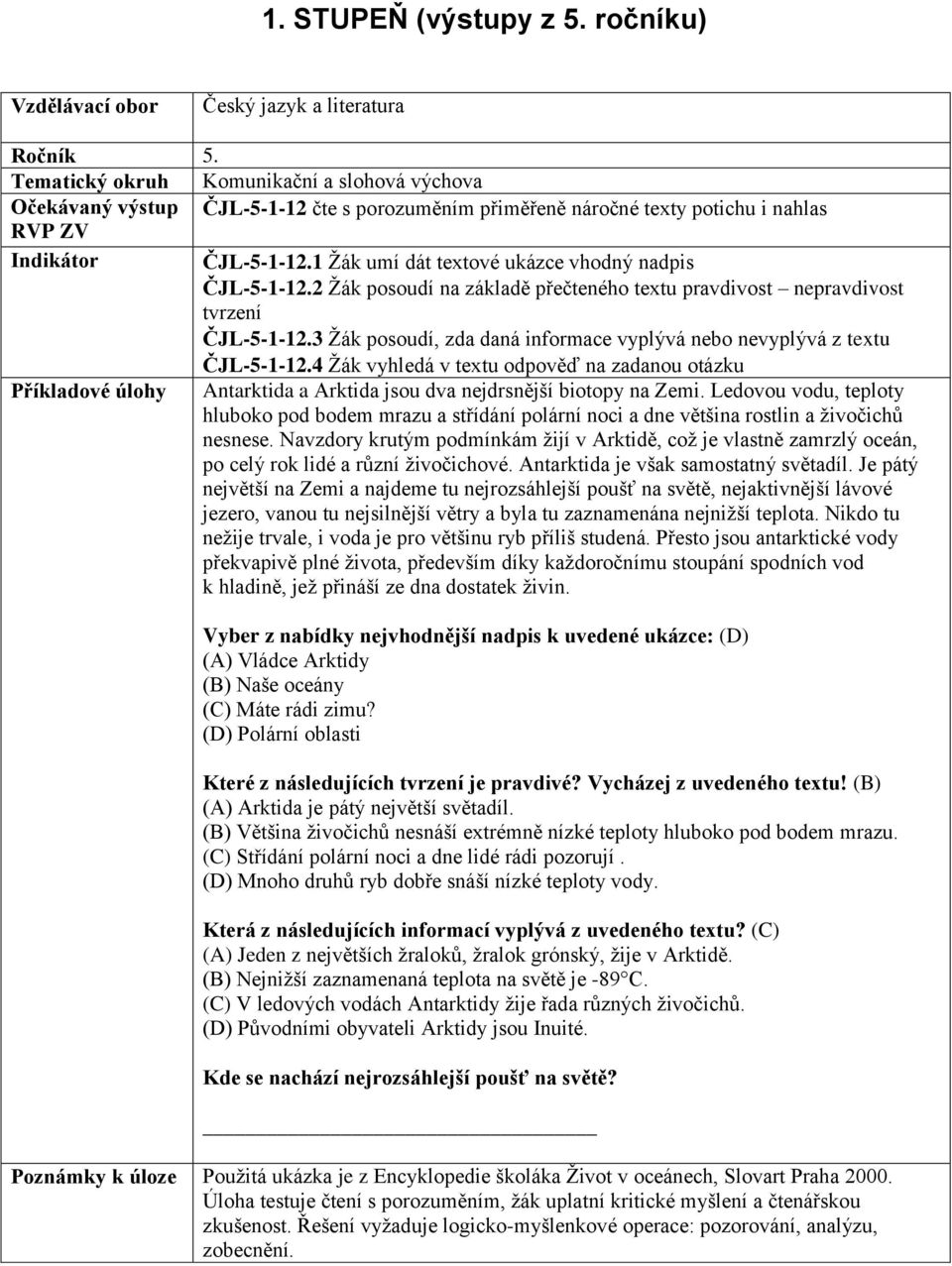 1 Žák umí dát textové ukázce vhodný nadpis ČJL-5-1-12.2 Žák posoudí na základě přečteného textu pravdivost nepravdivost tvrzení ČJL-5-1-12.