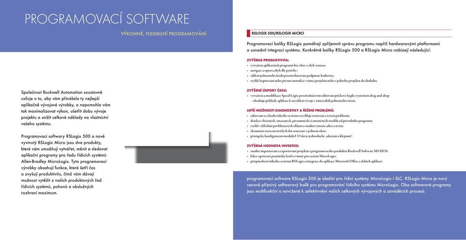 Konkrétně balíky RSLogix 500 a RSLogix Micro nabízejí následující: ZVÝŠENÁ PRODUKTIVITA: vytváření aplikačních programů bez obav z chyb syntaxe; navigace a oprava chyb dle potřeby; sdílení jednotného