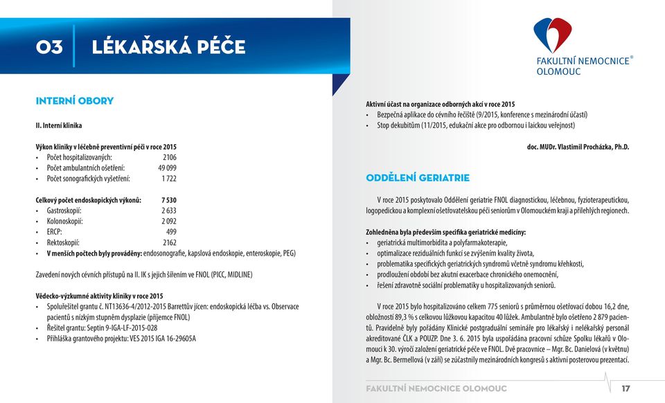 odbornou i laickou veřejnost) Výkon kliniky v léčebně preventivní péči v roce 2015 Počet hospitalizovaných: 2106 Počet ambulantních ošetření: 49 099 Počet sonografických vyšetření: 1 722 Oddělení