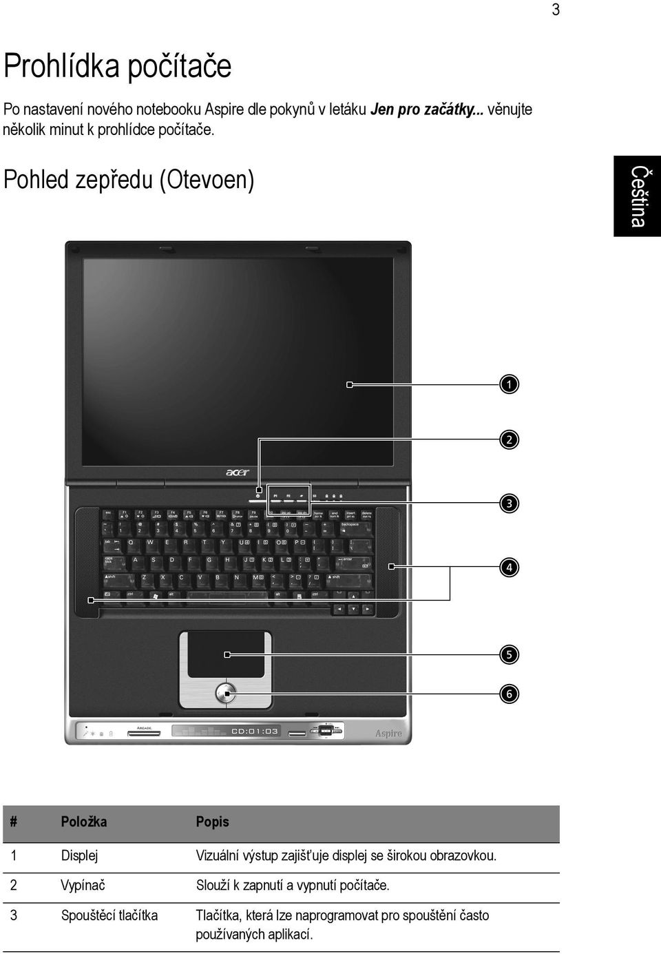 English Pohled zepředu (Otevoen) # Položka Popis 1 Displej Vizuální výstup zajišt uje displej se