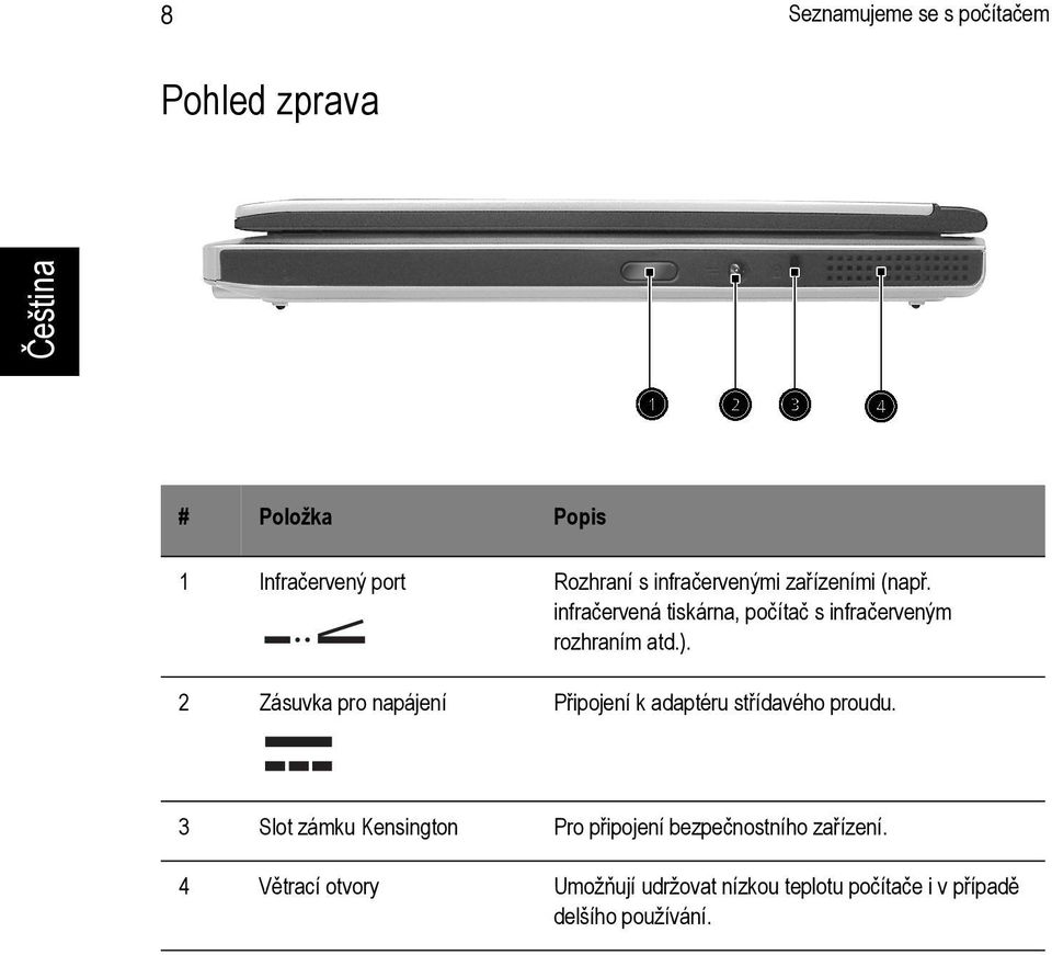 2 Zásuvka pro napájení Připojení k adaptéru střídavého proudu.