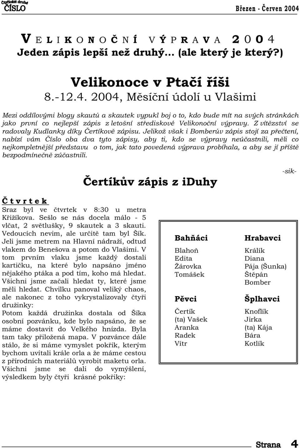 2004, M sí ní údolí u Vlašimi Mezi oddílovými blogy skaut a skautek vypukl boj o to, kdo bude mít na svých stránkách jako první co nejlepší zápis z letošní st ediskové Velikono ní výpravy.