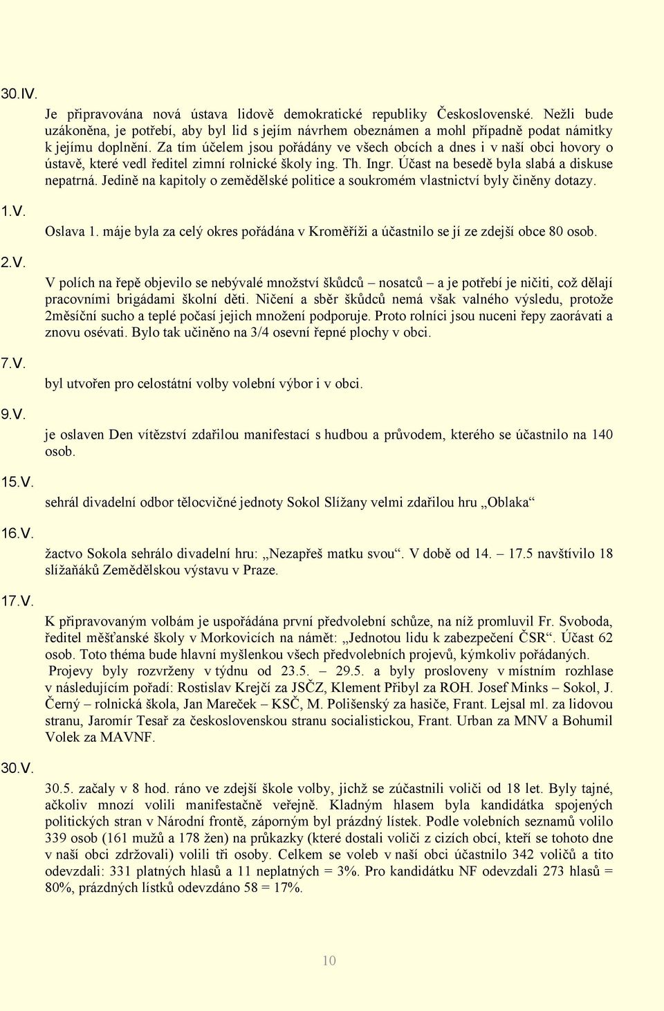 Za tím účelem jsou pořádány ve všech obcích a dnes i v naší obci hovory o ústavě, které vedl ředitel zimní rolnické školy ing. Th. Ingr. Účast na besedě byla slabá a diskuse nepatrná.