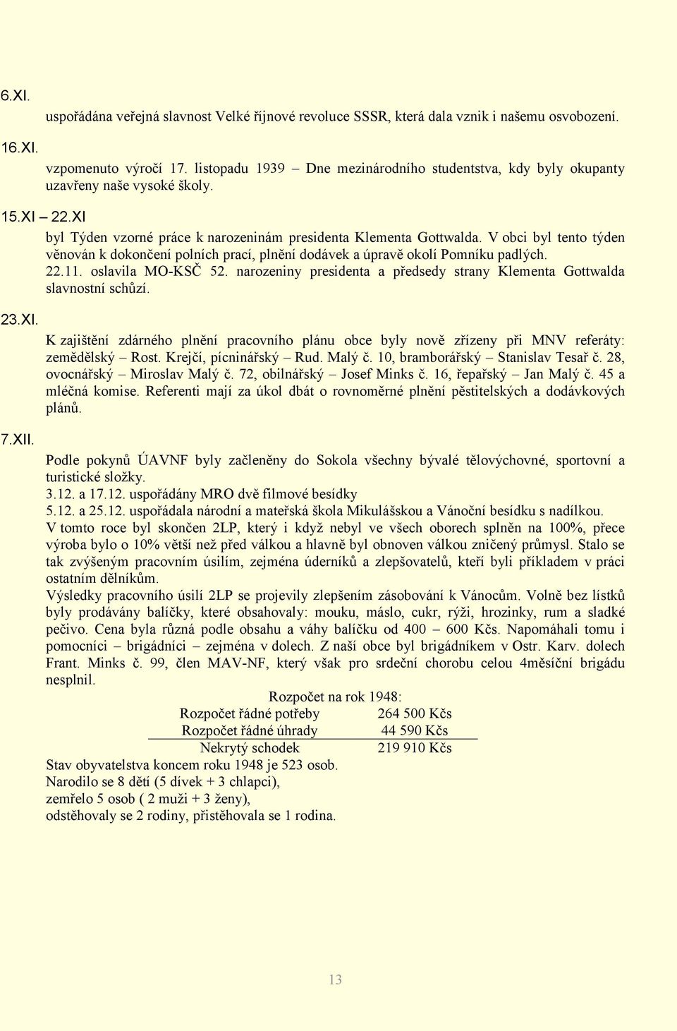 V obci byl tento týden věnován k dokončení polních prací, plnění dodávek a úpravě okolí Pomníku padlých. 22.11. oslavila MO-KSČ 52.