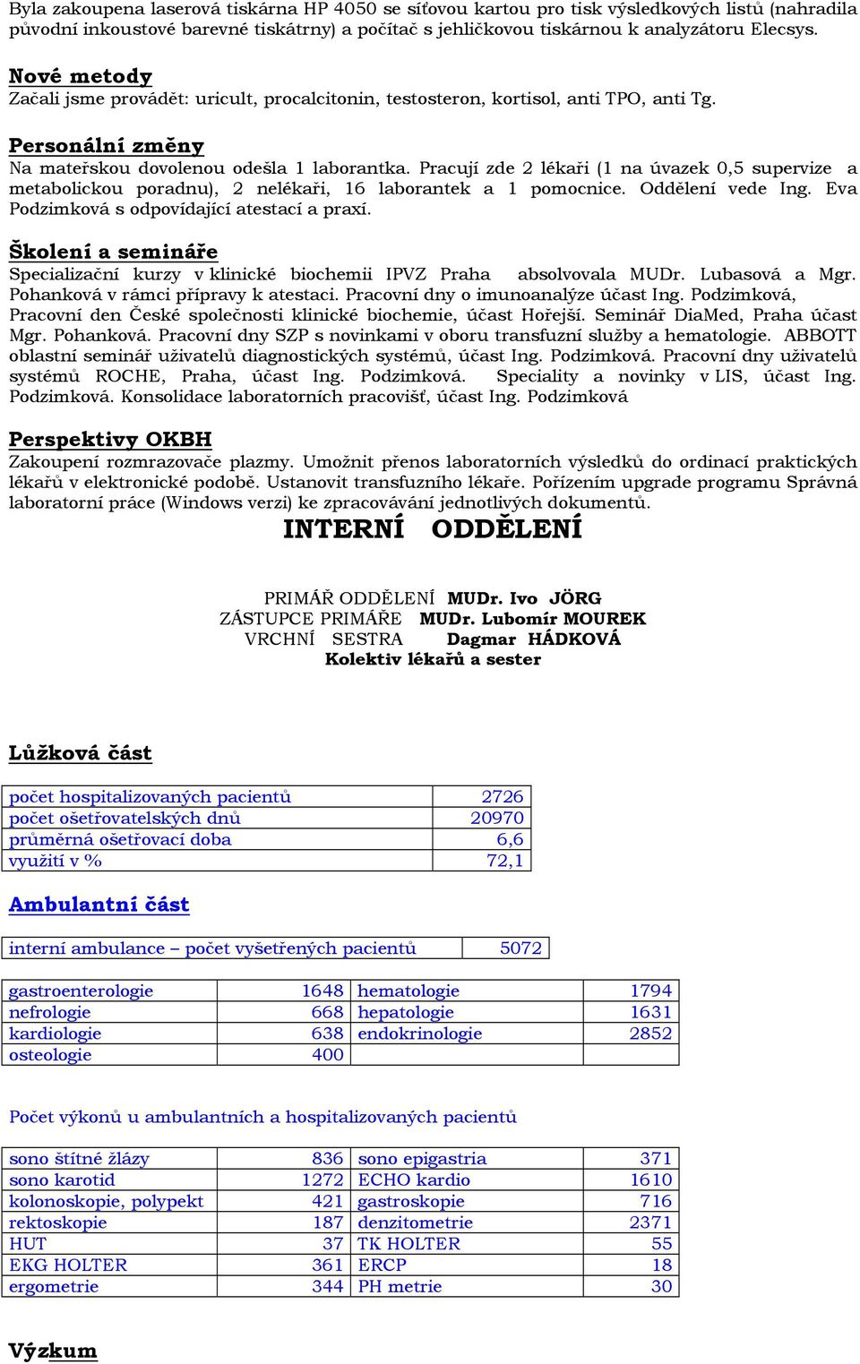 Pracují zde 2 lékaři (1 na úvazek 0,5 supervize a metabolickou poradnu), 2 nelékaři, 16 laborantek a 1 pomocnice. Oddělení vede Ing. Eva Podzimková s odpovídající atestací a praxí.