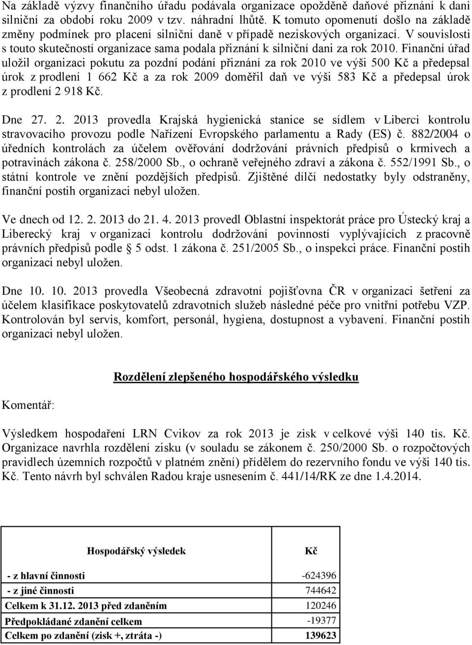 Finanční úřad uložil organizaci pokutu za pozdní podání přiznání za rok 2010 ve výši 500 Kč a předepsal úrok z prodlení 1 662 Kč a za rok 2009 doměřil daň ve výši 583 Kč a předepsal úrok z prodlení 2