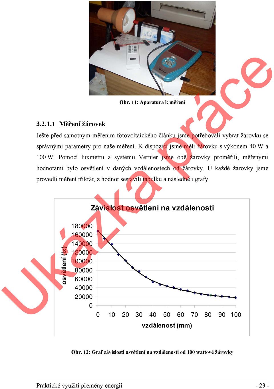 Pomocí luxmetru a systému Vernier jsme obě žárovky proměřili, měřenými hodnotami bylo osvětlení v daných vzdálenostech od žárovky.