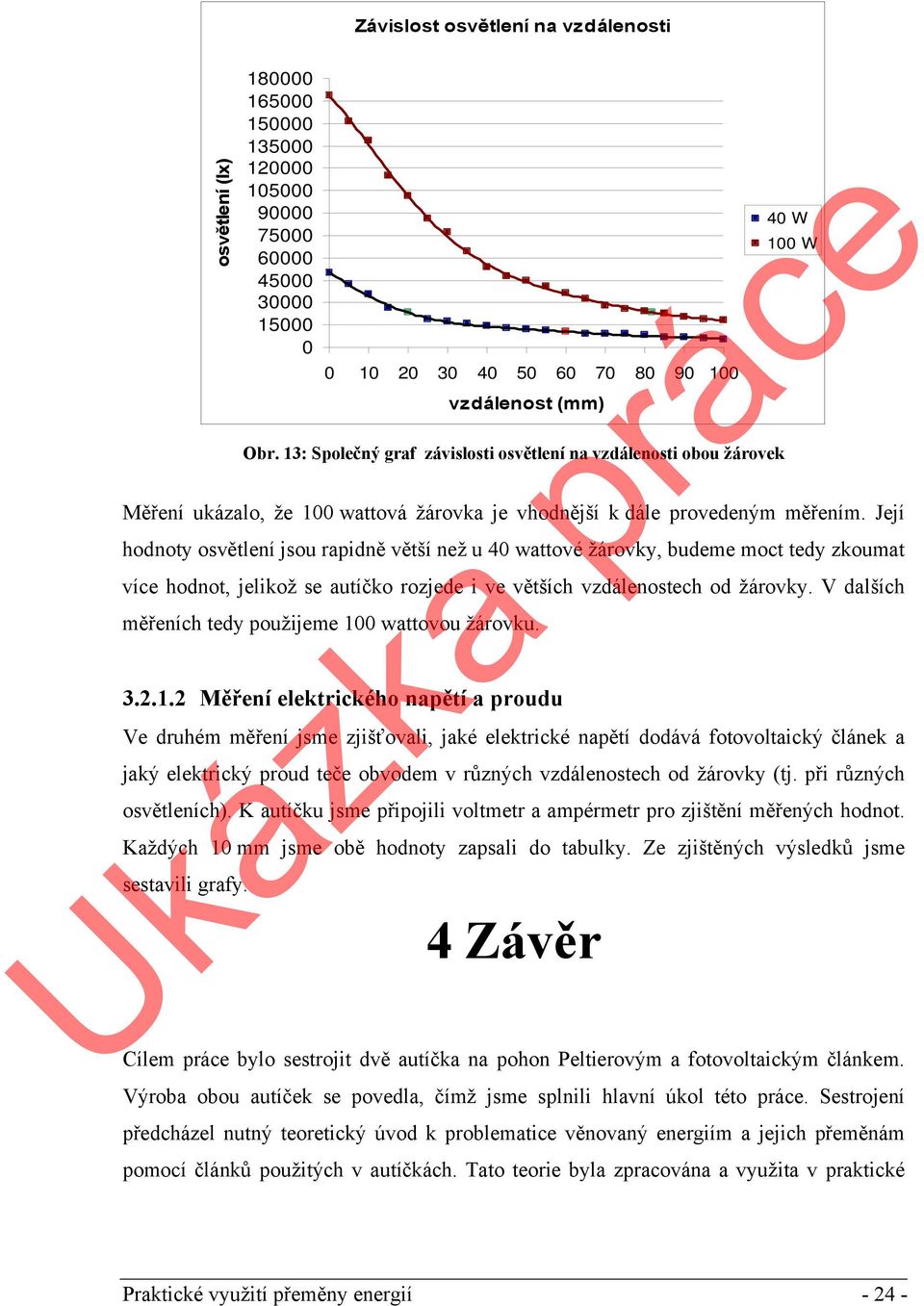 Její hodnoty osvětlení jsou rapidně větší než u 40 wattové žárovky, budeme moct tedy zkoumat více hodnot, jelikož se autíčko rozjede i ve větších vzdálenostech od žárovky.