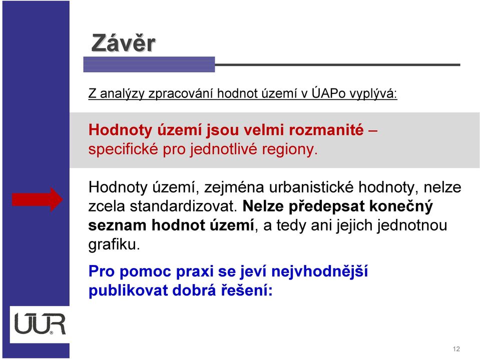 Hodnoty území, zejména urbanistické hodnoty, nelze zcela standardizovat.