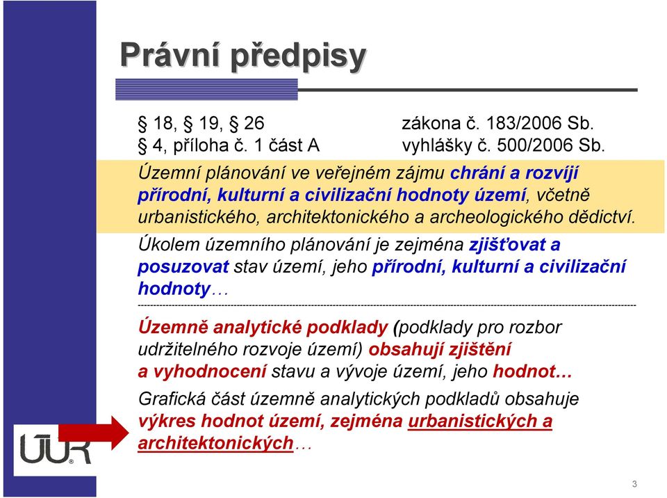 Úkolem územního plánování je zejména zjišťovat a posuzovat stav území, jeho přírodní, kulturní a civilizační hodnoty