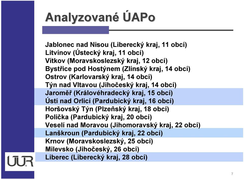 Ústí nad Orlicí (Pardubický kraj, 16 obcí) Horšovský Týn (Plzeňský kraj, 18 obcí) Polička (Pardubický kraj, 20 obcí) Veselí nad Moravou (Jihomoravský