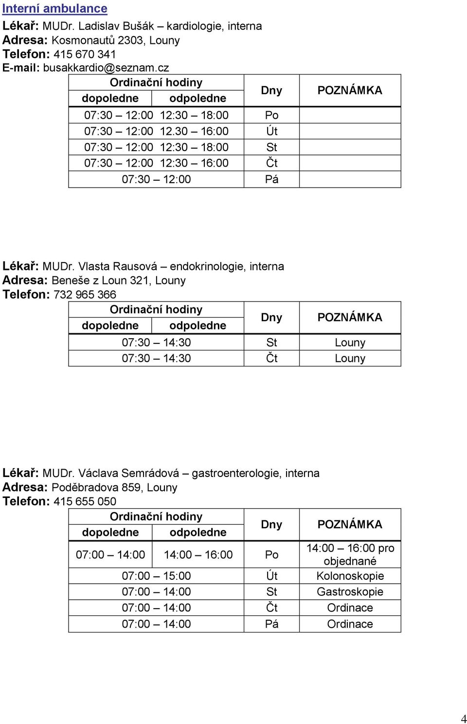 Vlasta Rausová endokrinologie, interna Adresa: Beneše z Loun 321, Louny Telefon: 732 965 366 07:30 14:30 St Louny 07:30 14:30 Čt Louny Lékař: MUDr.