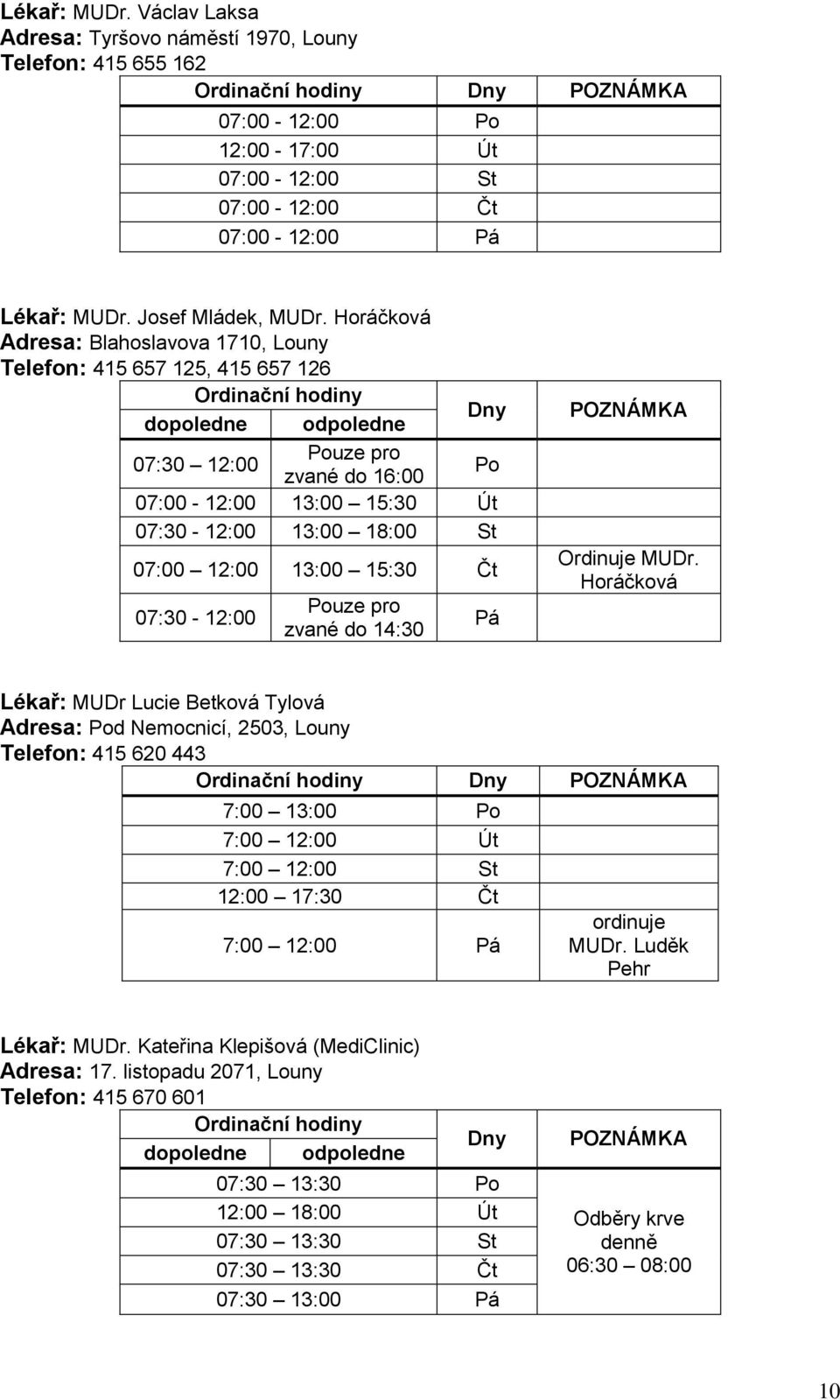 07:30-12:00 Pouze pro zvané do 14:30 Pá Ordinuje MUDr.