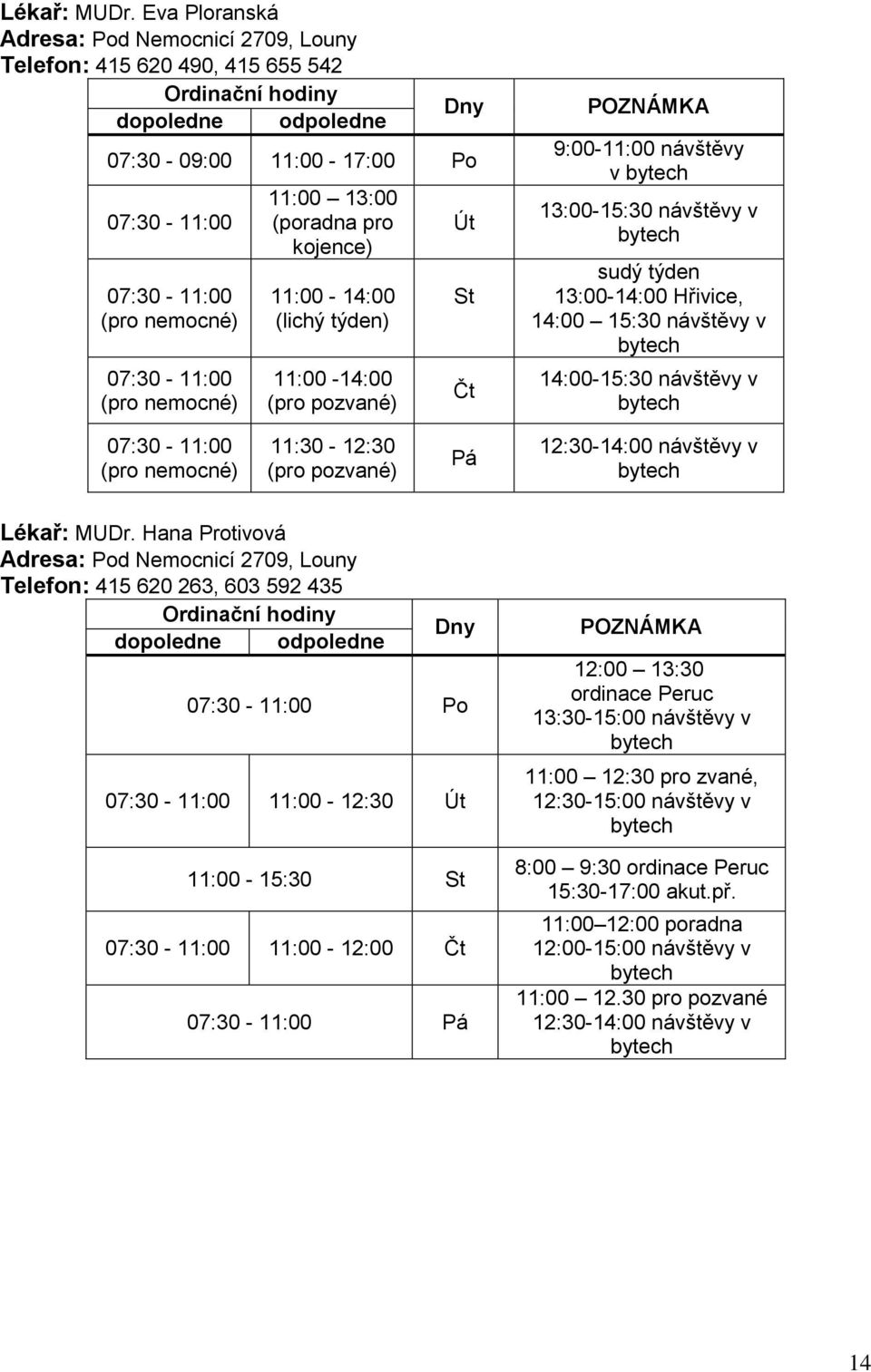 kojence) 11:00-14:00 (lichý týden) 11:00-14:00 (pro pozvané) Út St Čt 9:00-11:00 návštěvy v bytech 13:00-15:30 návštěvy v bytech sudý týden 13:00-14:00 Hřivice, 14:00 15:30 návštěvy v bytech