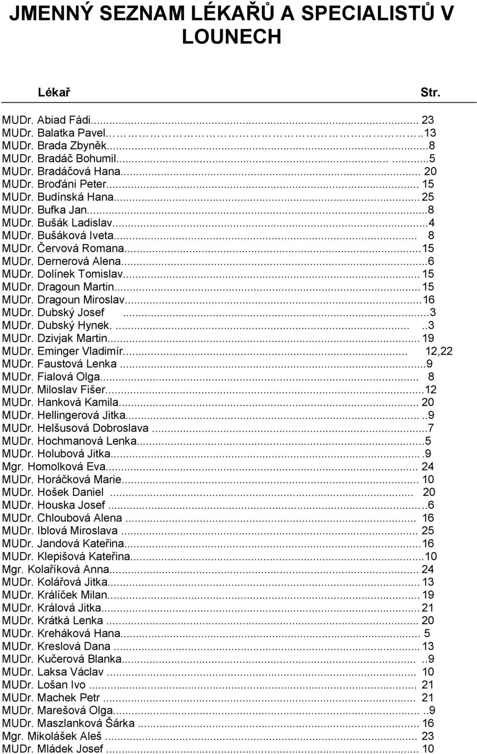 .. 15 MUDr. Dragoun Martin... 15 MUDr. Dragoun Miroslav...16 MUDr. Dubský Josef...3 MUDr. Dubský Hynek......3 MUDr. Dzivjak Martin... 19 MUDr. Eminger Vladimír... 12,22 MUDr. Faustová Lenka...9 MUDr. Fialová Olga.