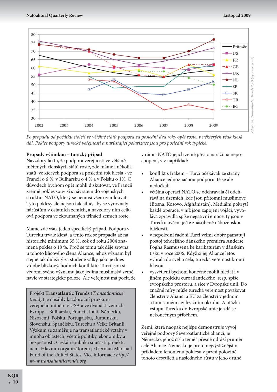 Zdroj dat: Transatlantic Trends 2009 (vybrané země) Propady výjimkou turecký případ Navzdory faktu, že podpora veřejnosti ve většině měřených členských států roste, zde máme i několik států, ve