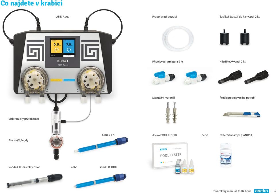 potrubí Elektronický průtokoměr Sondu ph Aseko POOL TESTER nebo tester Sanostrips